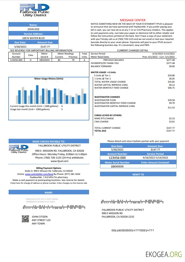 USA Fallbrook Public utility bill template in Word and PDF format